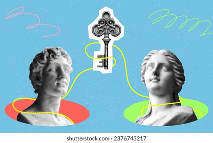 relationship key concept template design with male and female sculptures retro grunge dotted halftone vector cutout collage elements on blue background