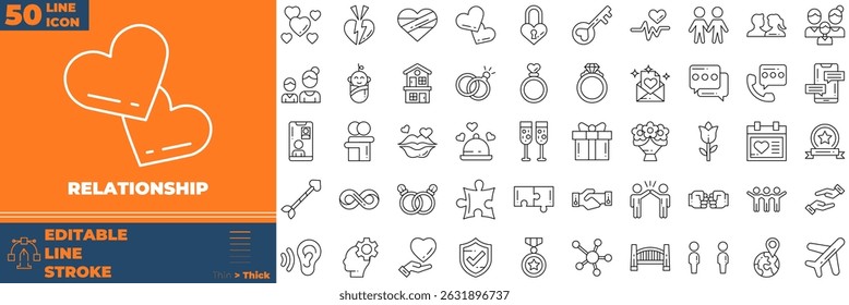 Relationship Line Editable Icons set. Vector illustration in modern thin line style of relationship icons: hand, heart, care, etc