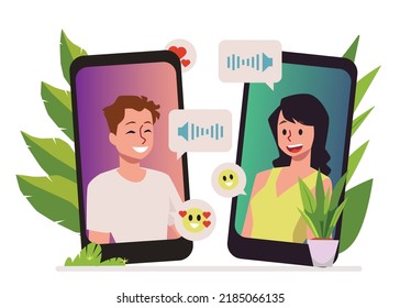 Beziehung auf langer Distanz und Online-Datums-Konzept mit Mann und Frau kommunizieren in der mobilen App, flache Vektorgrafik einzeln auf weißem Hintergrund.