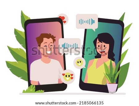 Relationship at a long distance and online date concept with man and woman communicating in mobile app, flat vector illustration isolated on white background.