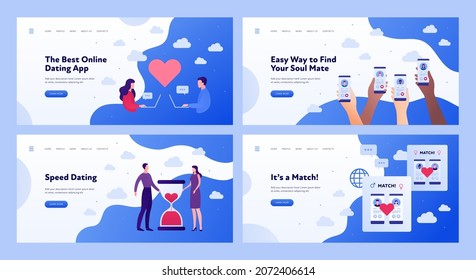 Relationship and love banner template. Vector flat people illustration. Online and speed dating concept. Set of horizontal layout. Heart, hourglass and smartphone symbol. Hand hold phone.