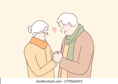 Relationship, love, couple, old age concept. Happy man and woman senior citizens cartoon characters holding hands together. Feeling happy of grandfather and grandmother retirement age illustration.