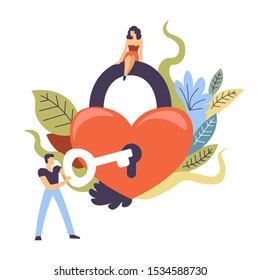 Relationship, love, man opening heart lock with a key, colorful floral foliage as abstract design element, flat concept vector illustration on white background