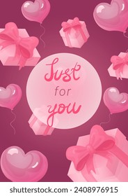 Relationship, Love, Valentine's day, Romantic concept.Flat illustrations with a box, heart balloons in colors(white,dark,pink) and handwritten greetings.A4 vector illustration for banner,poster, card