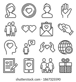 Relationship, Love and Wedding Icons Set on White Background. Vector