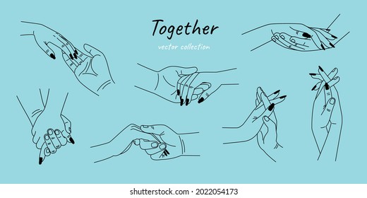 Relationship loving hands together. Woman and man romantic handshakes line tattoo sketch art works, couple love relationships holding hands, lovers wedding family holds outline draw