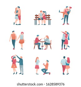 Relationship a man and a woman a colour flat illustration set. Collection of lifestyle of a couple in love. The concept of the pastime of happy young people. Couple on a white cut out background