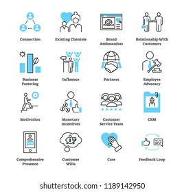 Relationship marketing icon collection set. Business commercial strategy vector illustration. Symbols of connection, clientele, brand ambassadors, influence and feedback.