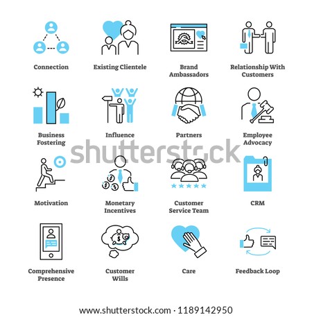 Relationship marketing icon collection set. Business commercial strategy vector illustration. Symbols of connection, clientele, brand ambassadors, influence and feedback.