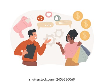 Ilustración vectorial de concepto aislado de marketing de relaciones. Estrategia de relación con el Cliente, enfoque en la lealtad del consumidor, la interacción con la marca y el compromiso a largo plazo, concepto de Vector de redes sociales.