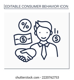 Icono de línea de marketing de relaciones. Acuerdo rentable entre consumidores y proveedores. Concepto de comportamiento de los consumidores. Ilustración vectorial aislada. Trazo editable