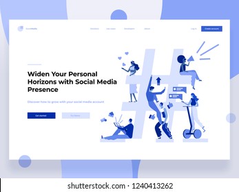 Relationship, online dating and networking concept - people sharing information via social media platforms and interacting with icons. Landing concept. Flat vector illustration