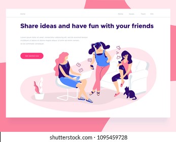 Relationship, online dating and social networking concept - girls holding mobile phones chat, share ideas on the Internet and have fun. Landing concept. 3d isometric. Line style illustration.