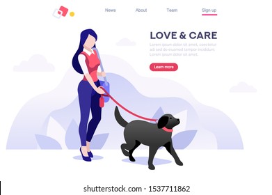 Relationship Poster, Domestic Concept. Leisure for Character. Flyer with Animal for Female, Relax Banner. Male Care, Walk and Love, Outdoor with Pet. Cartoon Flat Vector Illustration Isometric Banner.