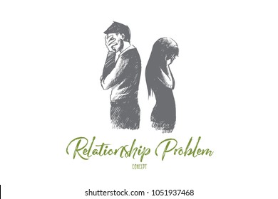 Relationship problem concept. Hand drawn man and woman standing back to back. Unhappy couple in conflict isolated vector illustration.