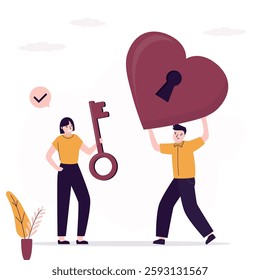 Relationship problem, family relationships. Boyfriend holds heavy red heart with lock, girlfriend gives key to unlock. Love couple, dating. Open your heart for love. flat vector illustration