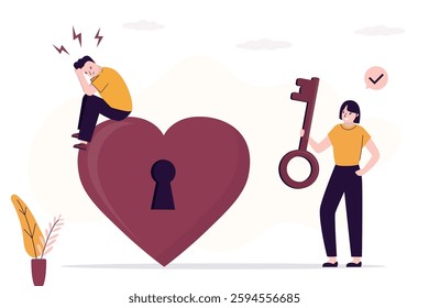 Relationship problem, family relationships. Boyfriend sitting on red heart with keyhole, girlfriend gives key to unlock. Love couple, dating. Open your heart for love. flat vector illustration