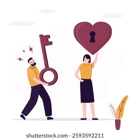 Relationship problem, family relationships. Girlfriend holds giant red heart with keyhole, boyfriend carry key to unlock. Love couple, dating. Open your heart for love. flat vector illustration