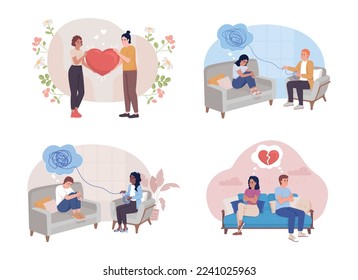 Relationship problem flat concept vector illustration set. Therapy session. Couple conflict. Editable 2D cartoon characters on white for web design. Creative idea for website, mobile, presentation