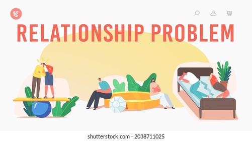 Plantilla de la página de inicio de problemas de relación. Problemas de pareja, Escándalo de personajes Quarrel, Escándalo de Esposo y Esposa, Jóven Esposa Familiar, Jóven Esposa en Casa, Hombre y Mujer Gritando. Ilustración de vectores de personas de caricatura