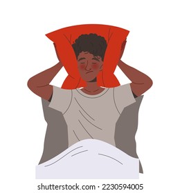 Relationship Problem with Man Covering His Ears with Pillow Sitting in Bed Vector Illustration