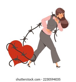 Relationship Problem with Woman Pulling Heart with Barbed Wire Suffering from Troubles in Relation Vector Illustration
