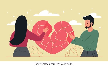 Relationship problems concept. Man and girl holding on to broken heart made of pieces. Unhappy young couple or family. Emotions, quarrels, screams and scandals. Cartoon flat vector illustration