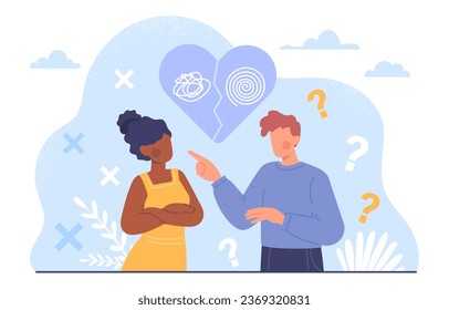 Relationship problems concept. Man and woman near broken heart. Quarrels and scandals in family, dissatisfied husband and wife. Frustration and depression. Cartoon flat vector illustration
