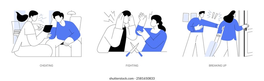 Relationship problems isolated cartoon vector illustrations set. Woman convicted unfaithful husband of cheating, young husband and wife quarrel, couple breaking up, leaving partner vector cartoon.