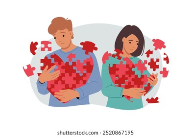 Problemas de relación para la pareja romántica sintiendo la muerte del amor y sosteniendo corazones en desintegración. El hombre y la mujer deprimidos necesitan un psicólogo familiar para mantener una relación fuerte.