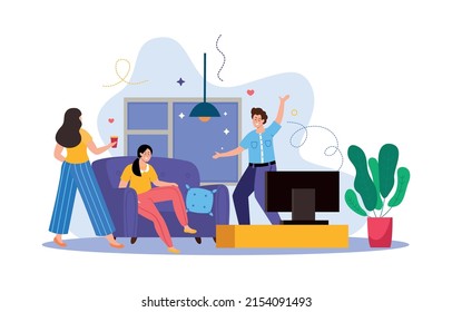 Relationship psychology flat home composition with two young characters trying to cheer up sad girl sitting on sofa vector illustration