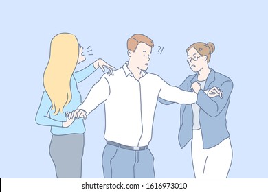 Relationship, quarrel, jealousy concept. Amazed man tries to stop quarrel of two angry furious women. Young sisters have complicated relationships. Jealousy could make conflict. Simple flat vector