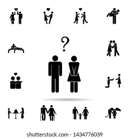 The relationship is questionable icon. Universal set of people in love for website design and development, app development