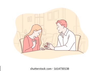 Relationship, romance, love, family concept. Young boyfriend in relationship makes marriage proposal to girlfriend. Romantic man gives ring to woman. Family love. Simple flat vector