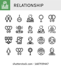 relationship simple icons set. Contains such icons as World pride day, Lesbian, Genderless, Bisexual, Concept, Woman, Gay, Data mining, can be used for web, mobile and logo