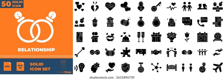 Relationship Solid Editable Icons set. Vector illustration in modern thin solid style of relationship icons: hand, heart, care, etc