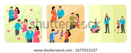 Relationship stages evolve from romantic gestures to starting a family. Pregnancy, newborn care, and shared parenthood moments. Father is involved in his child's developmental stages.