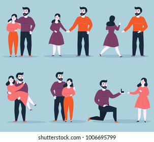 Relationship stages of young couple from dating to engagement. An offer of marriage. Romantic relationship. Man proposes a woman to marry him and gives an engagement ring. Vector cartoon illustration