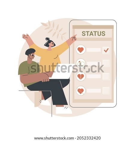 Relationship status abstract concept vector illustration. Relationship civil status, marital separation, divorce process, single, coupled, got married, social media, engaged abstract metaphor.