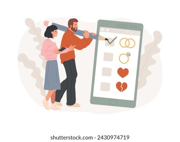 Relationship status isolated concept vector illustration. Relationship civil status, marital separation, divorce process, single, coupled, got married, social media, engaged vector concept.