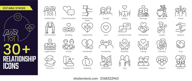 Relationship Stroke icon collections. Containing Relationship, Goals, Couple, Dating, Marriage, Romance, Soulmates,  Engagement and more icons. Editable Stroke icon collection Outline icon