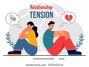 Relationship Tension Vector Illustration featuring a Young Couple Arguing and Sitting Separately, Expressing Disagreement in a Flat Cartoon Background
