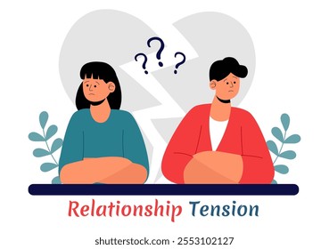 Ilustración vectorial de tensión de relación con una pareja joven discutiendo y sentada por separado, expresando desacuerdo en un fondo plano de dibujos animados
