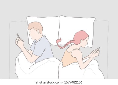 Relationship trouble, mobile phone addiction, marriage crisis concept, Girlfriend and boyfriend lying in bed with smartphones, modern lifestyle problem, communication problem, Simple flat vector