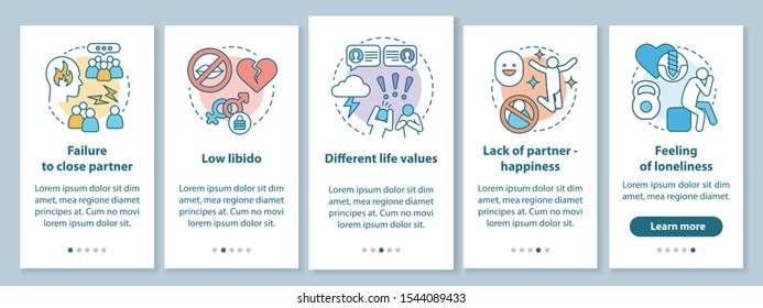 Relationship in trouble onboarding mobile app page screen with linear concepts. Failure to close partner walkthrough steps graphic instructions. UX, UI, GUI vector template with illustrations