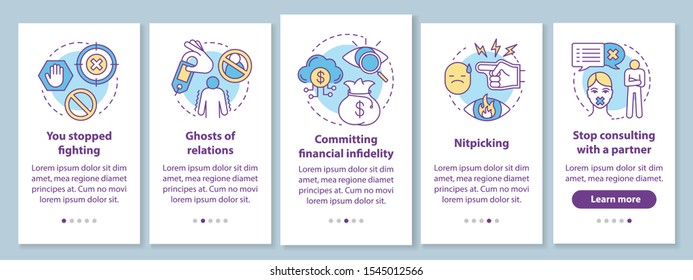 Relationship in trouble onboarding mobile app page screen with linear concepts. Ghost of relations walkthrough steps graphic instructions. UX, UI, GUI vector template with illustrations