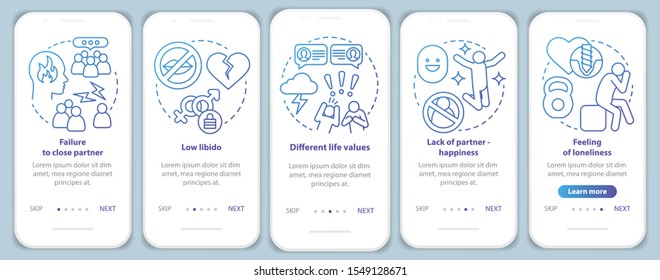 Relationship in trouble onboarding mobile app page screen with linear concepts. Failure to close partner walkthrough steps graphic instructions. UX, UI, GUI vector template with illustrations