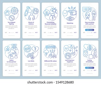 Relationship in trouble onboarding mobile app page screen with linear concepts set. Lack of partners happiness walkthrough steps graphic instructions. UX, UI, GUI vector template with illustrations
