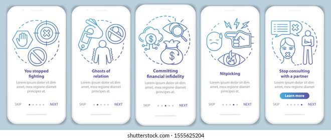 Relationship in trouble onboarding mobile app page screen with linear concepts. Nitpicking problem walkthrough steps graphic instructions. UX, UI, GUI vector template with illustrations