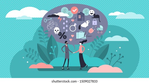 Relationship vector illustration. Flat tiny various feelings person concept. Abstract mutual emotions and link type between friends, siblings or lovers. Psychological connection diversity collection.